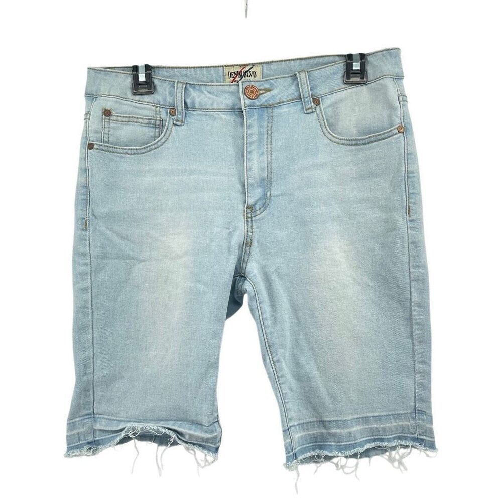 Denim Blvd Stretch Denim Bermuda Shorts – Light Wash, Raw Hem, Women’s Large